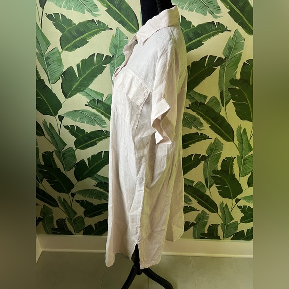 Paradise 100% Italian Linen Beige Button Front Short Sleeve Midi Dress M - Picture 7 of 9